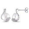 Amour 10 - 10.5 Mm White Cultured Freshwater Pearl And 1/10 Ct Tw Diamond Swirl Earrings In Sterling In White
