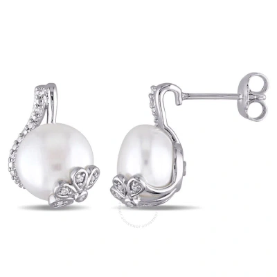 Amour 10 - 10.5 Mm White Cultured Freshwater Pearl And 1/10 Ct Tw Diamond Swirl Earrings In Sterling