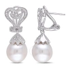 AMOUR AMOUR 10 - 10.5 MM WHITE CULTURED FRESHWATER PEARL AND DIAMOND HEART LEAF EARRINGS IN STERLING SILVE