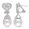 Amour 10 - 10.5 Mm White Cultured Freshwater Pearl And Diamond Heart Leaf Earrings In Sterling Silve In White