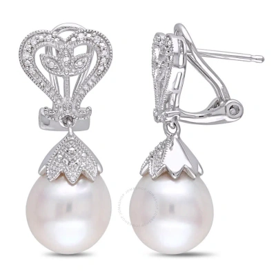 Amour 10 - 10.5 Mm White Cultured Freshwater Pearl And Diamond Heart Leaf Earrings In Sterling Silve