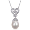 AMOUR AMOUR 10 - 10.5 MM WHITE CULTURED FRESHWATER PEARL AND DIAMOND HEART LEAF PENDANT WITH CHAIN IN STER