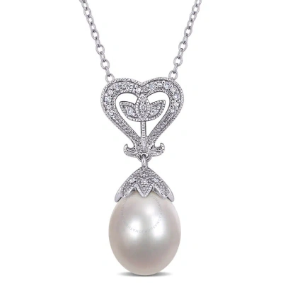 Amour 10 - 10.5 Mm White Cultured Freshwater Pearl And Diamond Heart Leaf Pendant With Chain In Ster