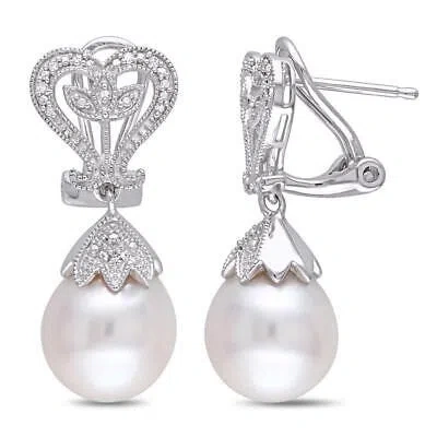 Pre-owned Amour 10 - 10.5 Mm White Cultured Freshwater Pearl And Diamond Heart Leaf