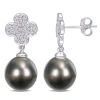 AMOUR AMOUR 10-10.5MM BLACK TAHITIAN CULTURED PEARL AND 1/5 CT TDW DIAMOND FLOWER DROP EARRINGS IN 10K WHI
