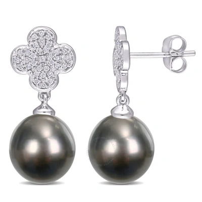 Amour 10-10.5mm Black Tahitian Cultured Pearl And 1/5 Ct Tdw Diamond Flower Drop Earrings In 10k Whi In Multi