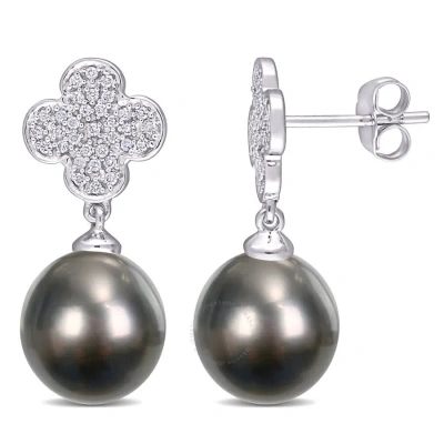Amour 10-10.5mm Black Tahitian Cultured Pearl And 1/5 Ct Tdw Diamond Flower Drop Earrings In 10k Whi In White