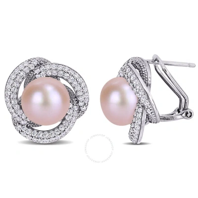 Amour 10.5 - 11 Mm Pink Cultured Freshwater Pearl And 1 1/2 Ct Tgw Cubic Zirconia Interlaced Halo Cl In White