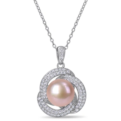 Amour 10.5 - 11 Mm Pink Cultured Freshwater Pearl And 3/4 Ct Tgw Cubic Zirconia Interlaced Halo Neck In White