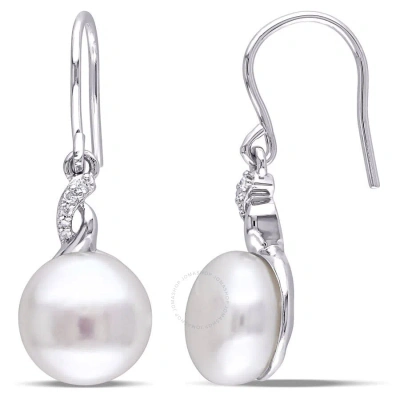 Amour 10.5 - 11 Mm White Cultured Freshwater Pearl Earrings With Diamonds In Sterling Silver