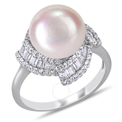 Amour 10.5 0 11 Mm Cultured Freshwater Pearl And 1 1/10 Cubic Zirconia Geometric Ring In Sterling Si In White