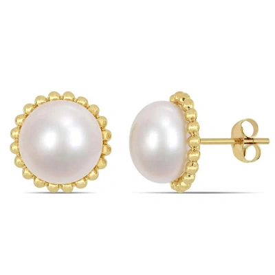 Amour 10.5-11mm Cultured Freshwater Pearl Halo Stud Earrings In 10k Yellow Gold