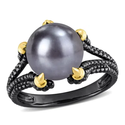 Amour 10.5 - 11 Mm Black Freshwater Cultured Pearl Fashion Ring Yellow Silver Black Rhodium Plated In Blue