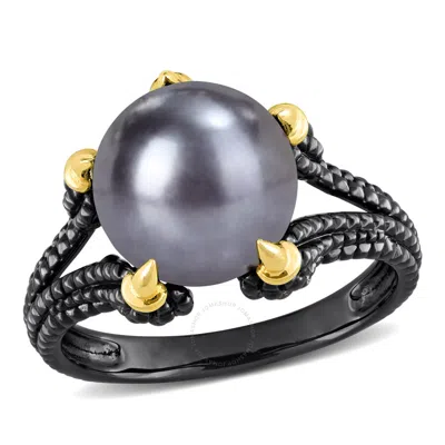 Amour 10.5 - 11 Mm Black Freshwater Cultured Pearl Fashion Ring Yellow Silver Black Rhodium Plated