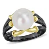 AMOUR AMOUR 10.5 - 11 MM WHITE FRESHWATER CULTURED PEARL FASHION RING YELLOW SILVER BLACK RHODIUM PLATED
