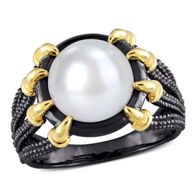 Amour 10.5 - 11 Mm White Freshwater Cultured Pearl Fashion Ring Yellow Silver Black Rhodium Plated In Two Tone