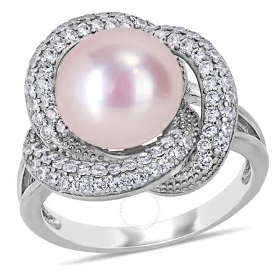 Amour 10.5 -11 Mm Pink Cultured Freshwater Pearl And 3/4 Ct Tgw Cubic Zirconia Interlaced Halo Ring In White
