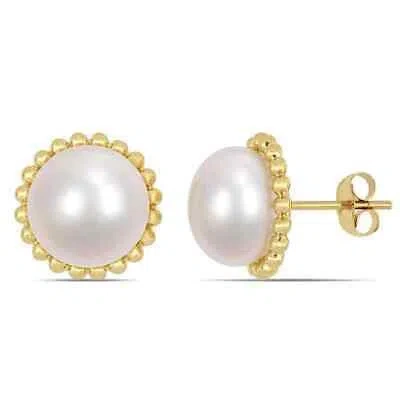 Pre-owned Amour 10.5-11mm Cultured Freshwater Pearl Halo Stud Earrings In 10k Yellow Gold