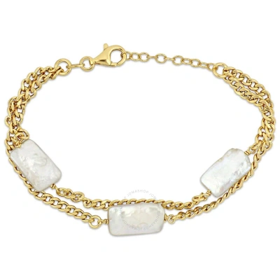 Amour 10x15.5mm Cultured Freshwater Rectangular Pearl Double Row Bracelet With Curb Chain In Yellow  In Gold