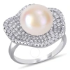 AMOUR AMOUR 11 - 11.5 MM CULTURED FRESHWATER PEARL AND 1 3/8 CT TGW CUBIC ZIRCONIA WAVY CLUSTERED HALO RIN
