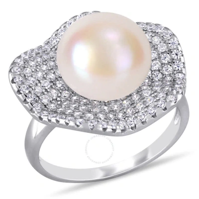 Amour 11 - 11.5 Mm Cultured Freshwater Pearl And 1 3/8 Ct Tgw Cubic Zirconia Wavy Clustered Halo Rin In White