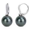 AMOUR AMOUR 11 - 12 MM BLACK TAHITIAN CULTURED PEARL AND 1/8 CT TW DIAMOND LEVERBACK EARRINGS IN 10K WHITE