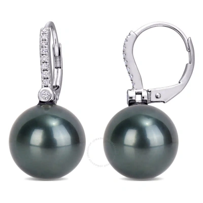 Amour 11 - 12 Mm Black Tahitian Cultured Pearl And 1/8 Ct Tw Diamond Leverback Earrings In 10k White