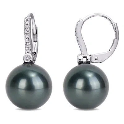 Pre-owned Amour 11 - 12 Mm Black Tahitian Cultured Pearl And 1/8 Ct Tw Diamond Leverback In White