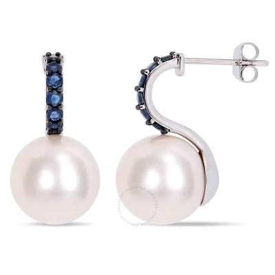 Amour 11 - 12 Mm Freshwater Cultured Pearl And 5/8 Ct Tgw Sapphire Drop Earrings In 10k White Gold W In Pink