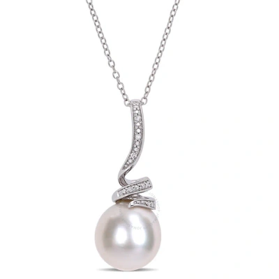 Amour 11 - 12 Mm Freshwater Cultured Pearl And Diamond Accent Swirl Drop Pendant With Chain In Sterl In White