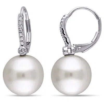 Pre-owned Amour 11 - 12 Mm South Sea Cultured Pearl And 1/8 Ct Tw Diamond Leverback In White