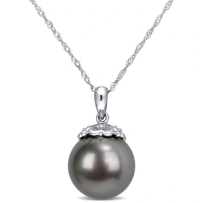 Amour 11-12 Mm Black Tahitian Cultured Pearl And Diamond Accent Drop Pendant With Chain In 10k White