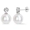 Amour 11-12 Mm Cultured Freshwater Pearl And Diamond Accent Earrings In Sterling Silver In White