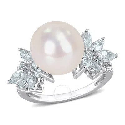 Amour 11-12mm Cultured Freshwater Pearl And 1 1/5 Ct Tgw Aquamarine And 1/10 Ct Tw Diamond Flower Ri In White