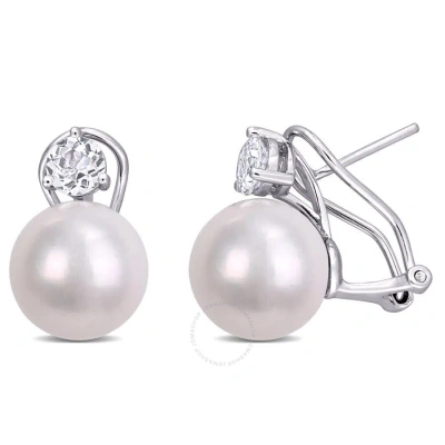 Amour 11-12mm Cultured Freshwater Pearl And 1 1/6 Ct Tgw White Topaz Earrings In Sterling Silver In Metallic