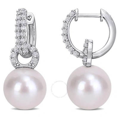 Amour 11-12mm Cultured Freshwater Pearl And 1 2/5 Ct Tgw White Topaz Hoop Earrings In Sterling Silve