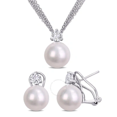 Amour 11-12mm Cultured Freshwater Pearl And 1 3/4 Ct Tgw White Topaz Omega Clip Earrings And Pendant