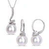 AMOUR AMOUR 11-12MM CULTURED FRESHWATER PEARL AND 1/10 CT TW DIAMOND SPIRAL EARRINGS AND PENDANT SET IN ST