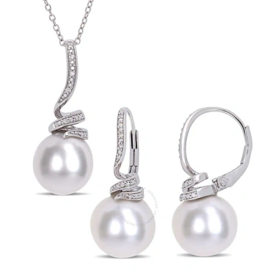 Amour 11-12mm Cultured Freshwater Pearl And 1/10 Ct Tw Diamond Spiral Earrings And Pendant Set In St In White