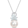 AMOUR AMOUR 11-12MM CULTURED FRESHWATER PEARL AND 5/8 CT TGW AQUAMARINE AND DIAMOND ACCENT FLOWER PENDANT 