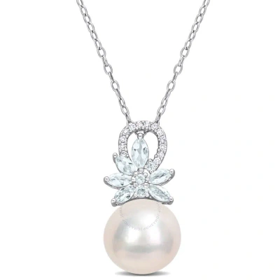 Amour 11-12mm Cultured Freshwater Pearl And 5/8 Ct Tgw Aquamarine And Diamond Accent Flower Pendant In White
