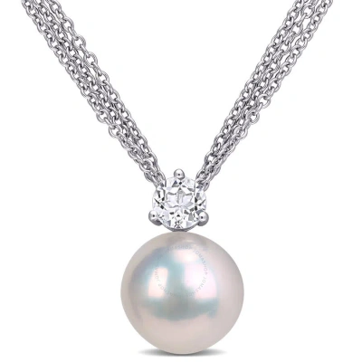 Amour 11-12mm Cultured Freshwater Pearl And 5/8 Ct Tgw White Topaz Pendant With Chain In Sterling Si