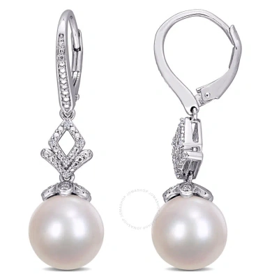 Amour 11-12mm Cultured Freshwater Pearl And Diamond-accent Drop Earrings In Sterling Silver In White