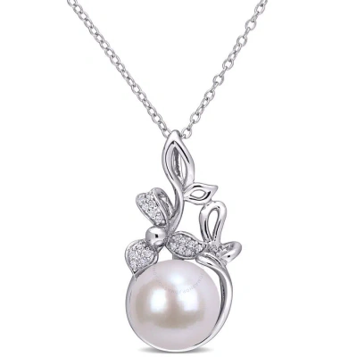 Amour 11-12mm Cultured Freshwater Pearl And Diamond-accent Floral Pendant With Chain In Sterling Sil In White