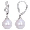 AMOUR AMOUR 11-12MM CULTURED FRESHWATER WHITE PEARL AND DIAMOND TWIST DROP LEVERBACK PEARL EARRINGS IN STE
