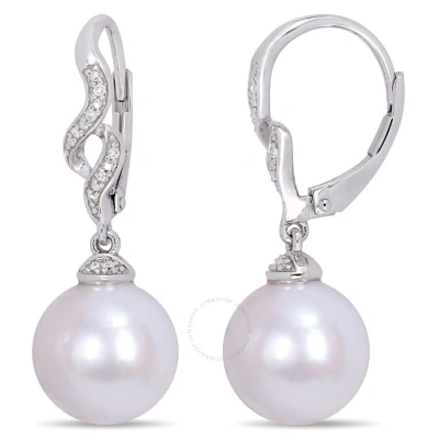 Amour 11-12mm Cultured Freshwater White Pearl And Diamond Twist Drop Leverback Pearl Earrings In Ste