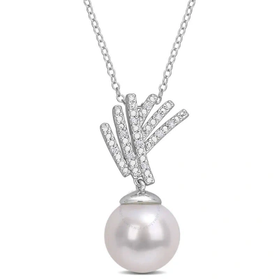Amour 11-12mm Freshwater Cultured Pearl And Diamond Accent Drop Pendant With Chain In Sterling Silve In White