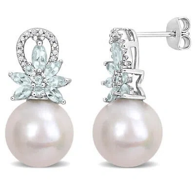 Pre-owned Amour 11-12mm Pearl Aquamarine And Diamond Flower Sterling Silver Drop Earrings In White
