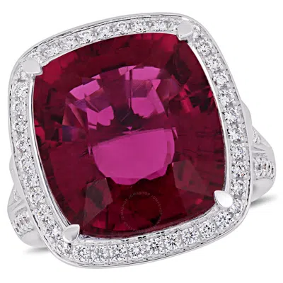 Amour 11 7/8 Ct Tgw Pink Tourmaline And 1 3/8 Ct Tw Diamond Halo Cocktail Ring In 14k White Gold