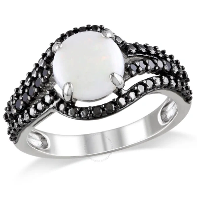 Amour 1/10 Ct Tw Black Diamond And Opal Curvy Cocktail Ring In Sterling Silver In White